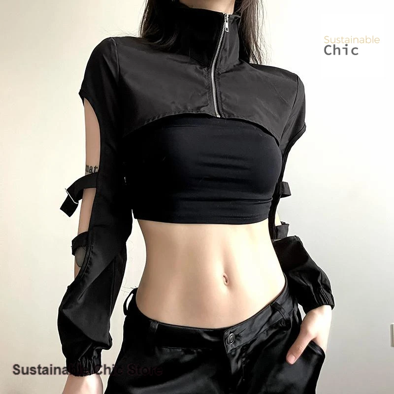 Korean minority design sense metal buckle splicing hollow long-sleeved coat female zipper high-necked ultra-short tooling coat