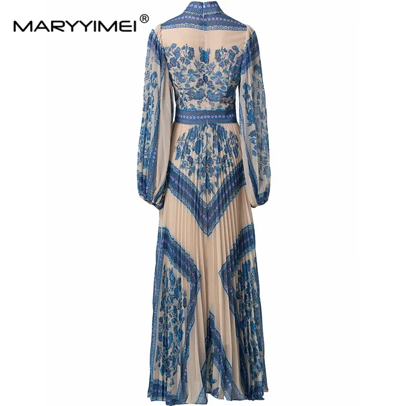 MARYYIMEI Fashion design Women's Dress Stand collar Lantern Sleeved High waist Vintage Print Pleated Splicing S-4XL Dresses