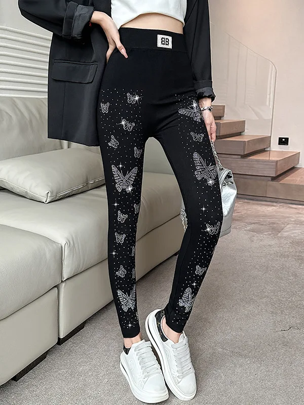 レディース 薄手 キラキラ ダイヤモンド ベースレイヤー タイトパンツ ハイウエスト 九分丈 カジュアル タイトフィット ボトムス