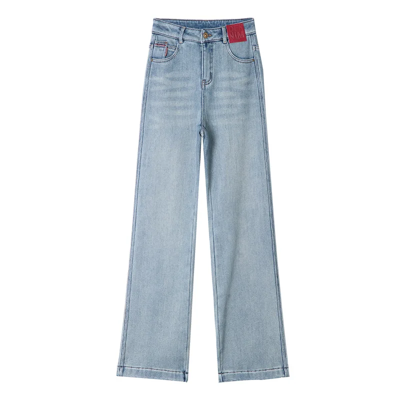 جينز مستقيم نحيف أزرق فاتح للنساء فضفاض مناسب للخريف، سروال عالي الخصر للتخسيس متعدد الاستخدامات بأرجل واسعة