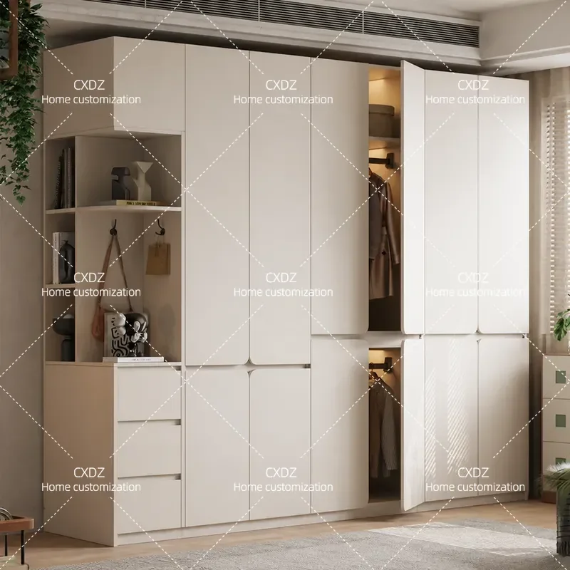 Cream White Oak Wardrobe Bedroom Segmented Assembly Cabinet Simple Style Solid Wood Handleless Storage Finished Wardrobe