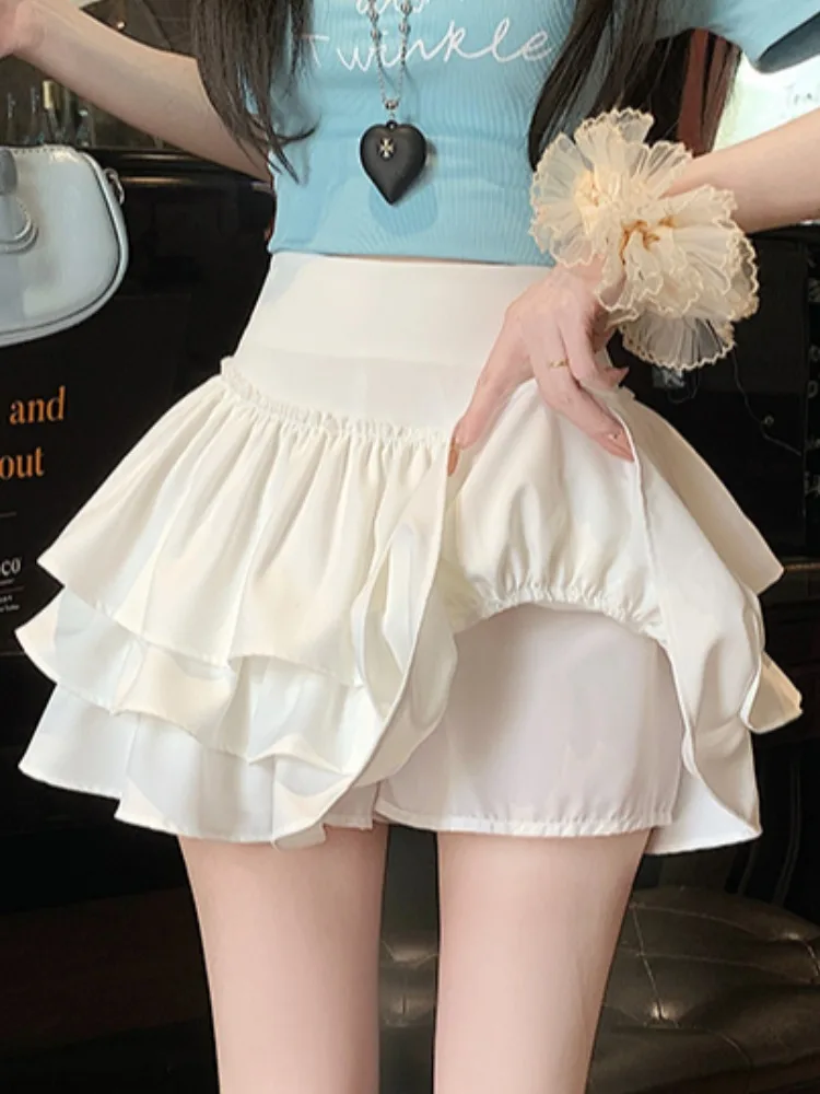 バレエスタイルレイヤードフリルケーキショートスカートレディースハイウエストヒップカバー甘いアンチエイジングaラインふわふわハーフ丈スカート