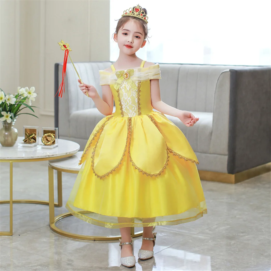 Belle Yellow Princess Dress Children Beauty Beast Cosplay Ball Gown Fairy Frocks Girls Halloween Carnival Birthday Charm Costume