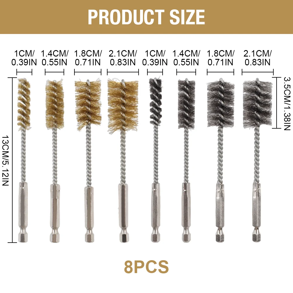 4/8Pce Drill Bit Cleaning Brush Set, Stainless Steel/Brass Wire Brush, 1/4 Inch Hex Handle, for Rust Removal, Parts Cleaning