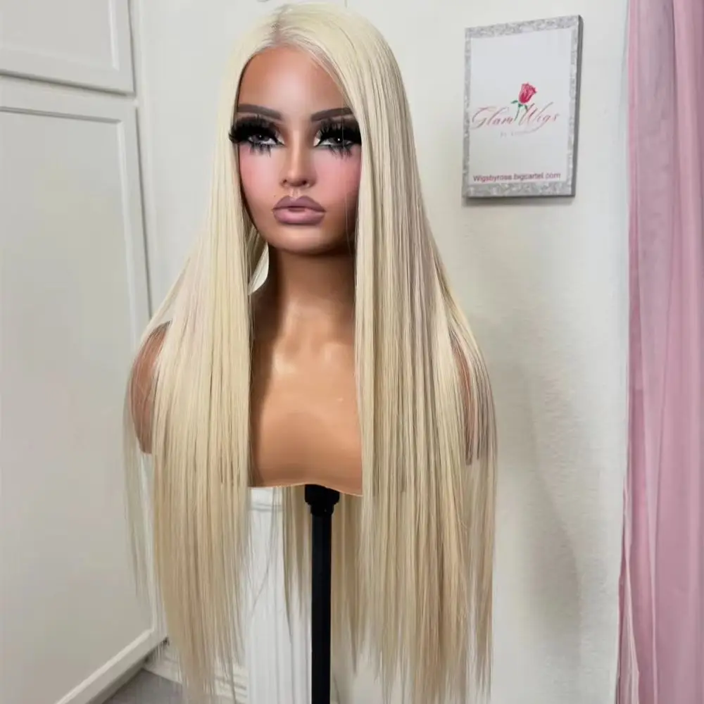 Light Blonde Synthetic HD Lace Front Wig Mixed Human Hair Heat Resistant Fiber Wig Party Cosplay Preplucked Hairline 28 Inches