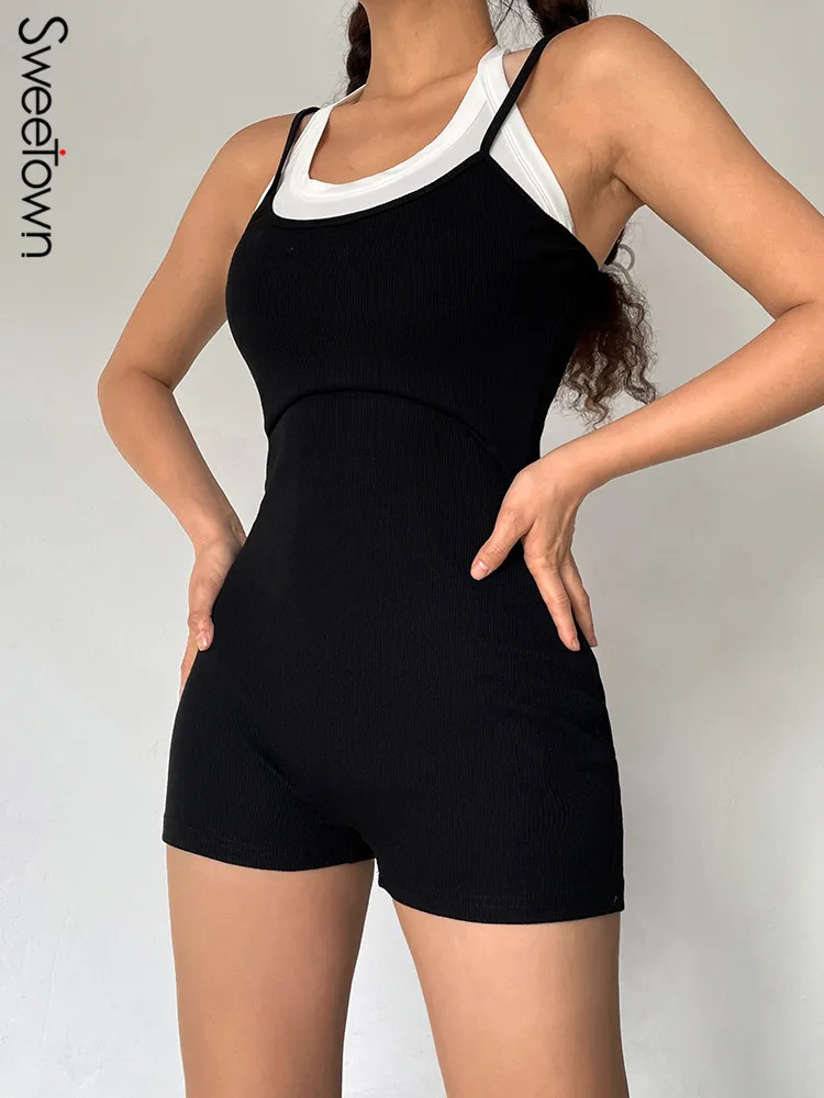 Sweetown Halter Bandage Backless Playsuits Women Sexy Simple Sleeveless Body-Shaping Rompers Active Casual Street Lady Overalls