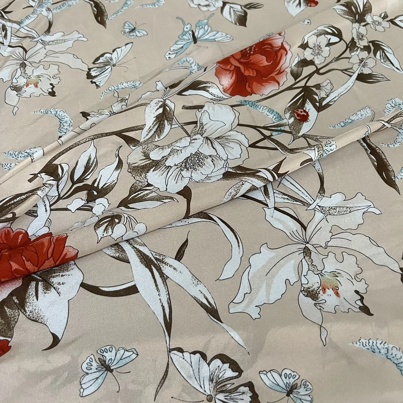 1 meter 100% Mulberry Silk 14 momme Crepe Silk Fabric Beige Red Flower Printed 140cm 44