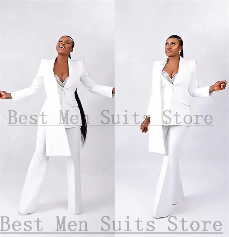 White Women Suits Set 2 Pieces Long Lapel Blazer+Pants Formal Office Lady Jacket Wedding Prom Dress Custom Made Женский костюм