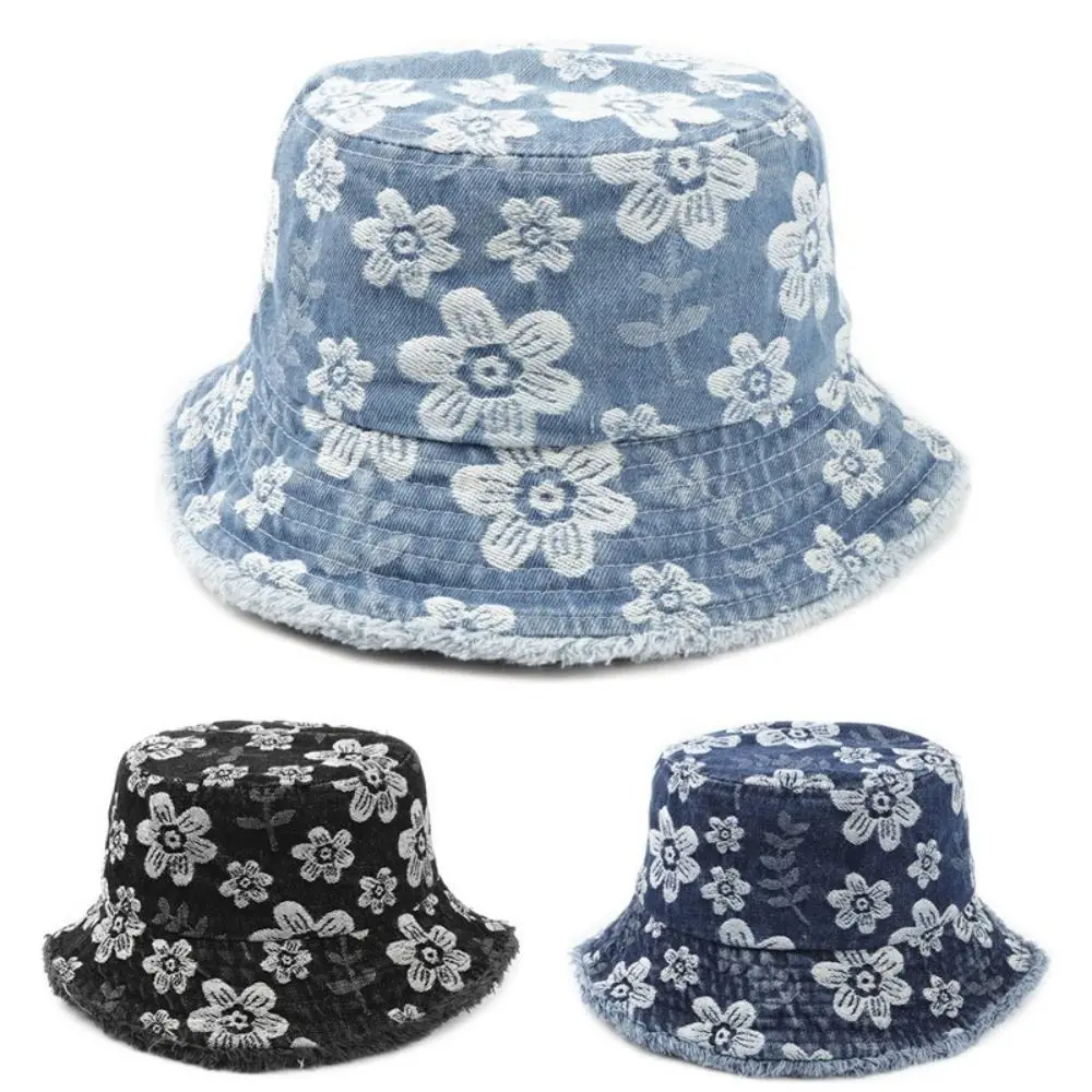 

Washed Denim Fisherman Hat Frayed Brim Korean Style Cowboy Bucket Hats Flower Embroidered Fashion Sunscreen Sun Cap Holiday