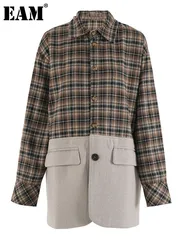 [EAM] Kobiety Khaki Plaid Spliced Duży Rozmiar Vintage Marynarka Nowa Klapa Długi Rękaw Kurtka Moda Przypływ Wiosna Jesień 2024 CPG2049