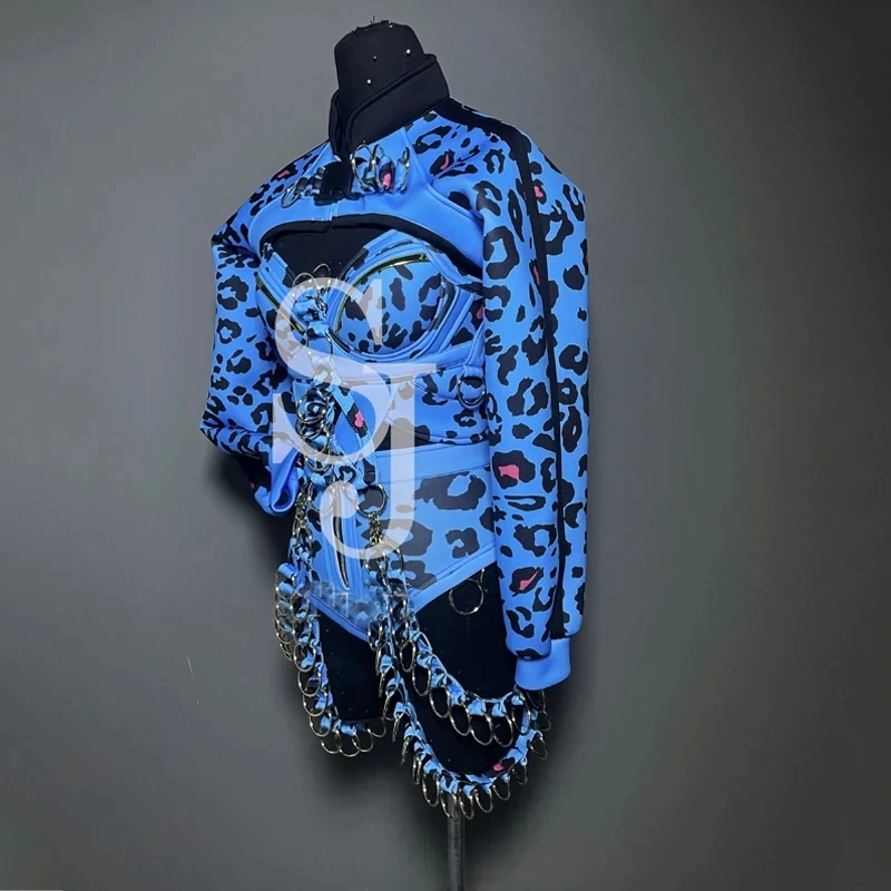 Bar Nightclub Singer Concert Drag Queen Costume Blue Leopard Metal Buckle body Women Dance Team Performance Stage Wear