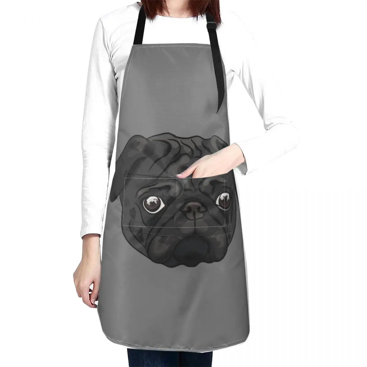 Cute black pug portrait Apron Kitchen Tools Accessories Women's Dresses cooks clothes kitchen utensil Apron