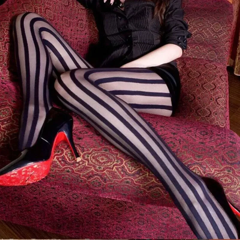 Damen Vintage Sexy Sheer Wide Vertical Stripe Strumpfhosen Strumpfhosen Retro Classic Strumpfwaren