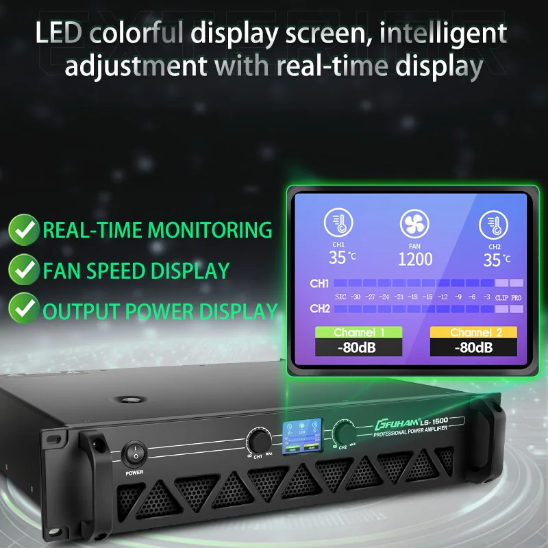 مضخم صوت احترافي FUHAM LS-1500، شاشة LED عالية الجودة، مضخم صوت محول حلقي بقناتين 1500 وات عالي الطاقة