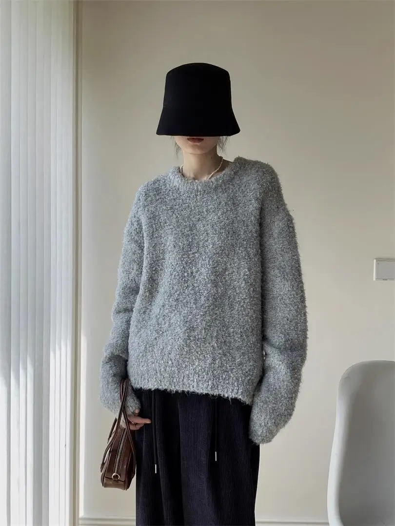 Женские осенние шикарные пушистые вязаные пуловеры, модные однотонные простые свободные универсальные мягкие теплые свитера, топ