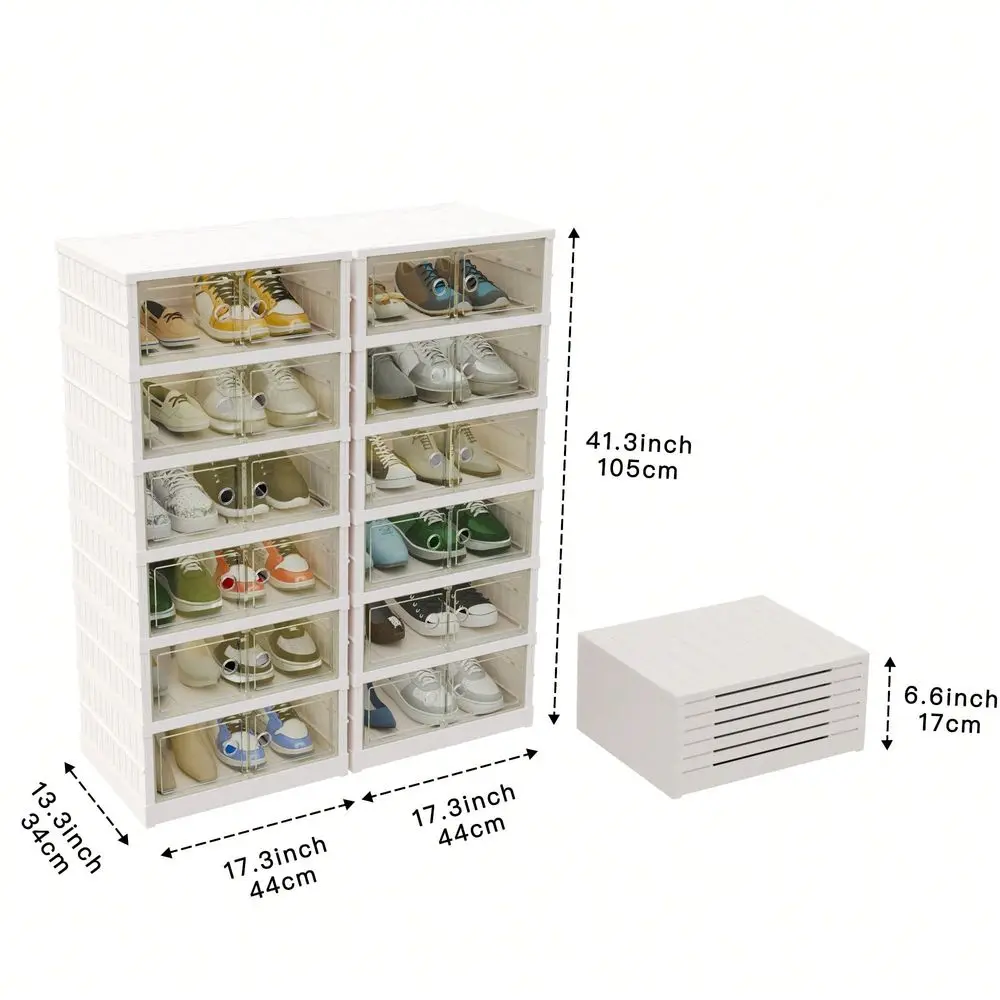 2pcs HeavyDuty Collapsible Shoe Rack Organizer 6Tier Clear Plastic Stackable Shoe Shelf, Holds 12 Pairs 24 Shoes SpaceSaving Fo