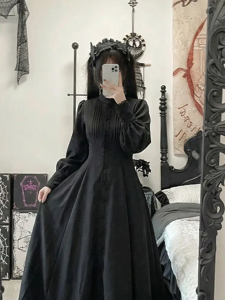 Harajuku Gotico Grunge Y2k Abito in pizzo Donna Anni 2000 Estetica Sexy Sottile Abiti da festa Coreano Fashion Design Nero Abito lungo da ballo