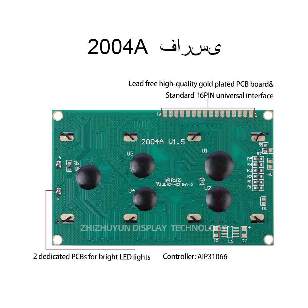 Farsi 2004A pantalla LCD de alta calidad, luz verde, texto negro, 3,3 V/5V, módulo de interfaz de 16 Pines, 98x60Mm, controlador AIP31066