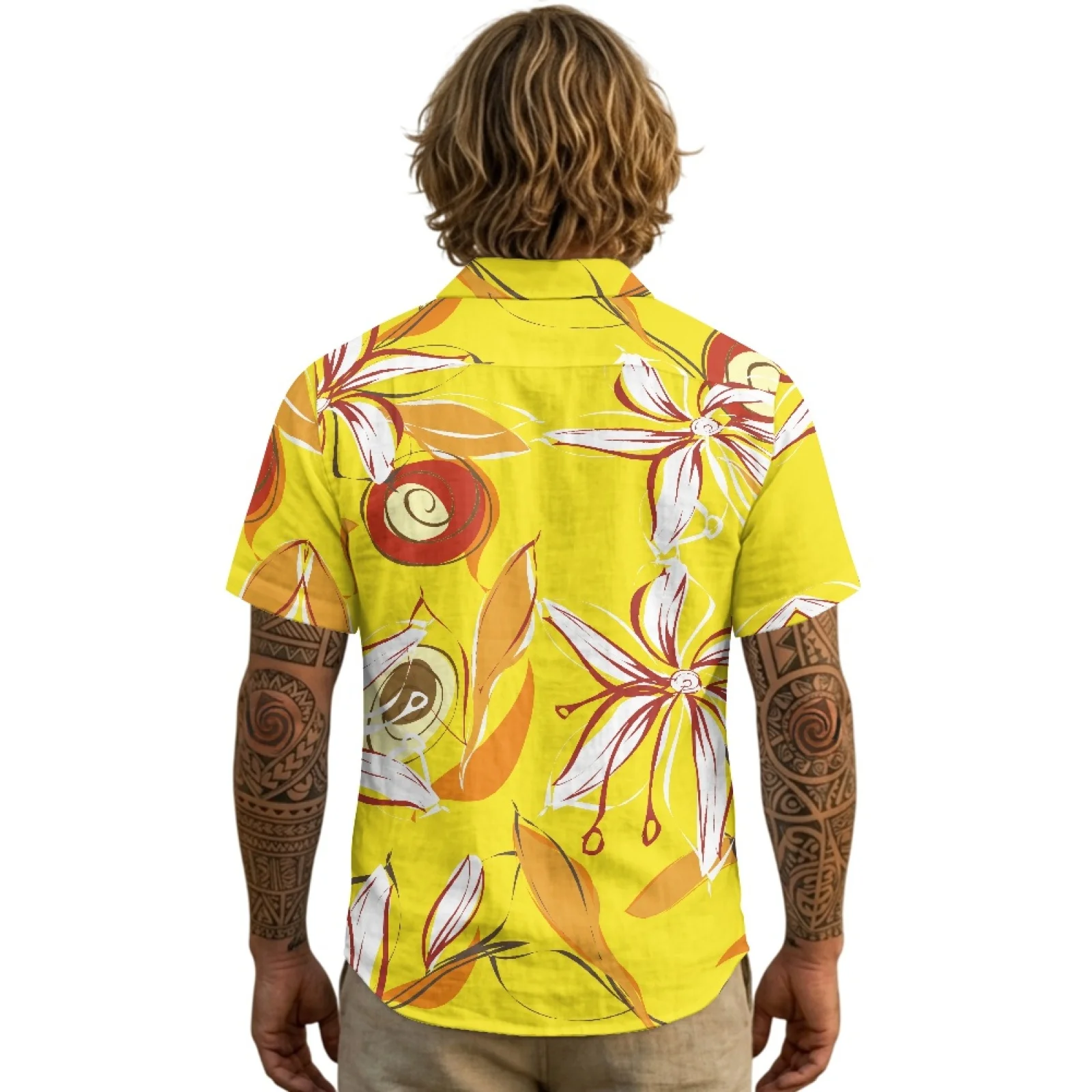 PENSTROLL Yellow Floral Linen Like Hawaiian T Shirts for Men Summer Beach Top for mens Single Breasted Mens Hawaiian Shirt