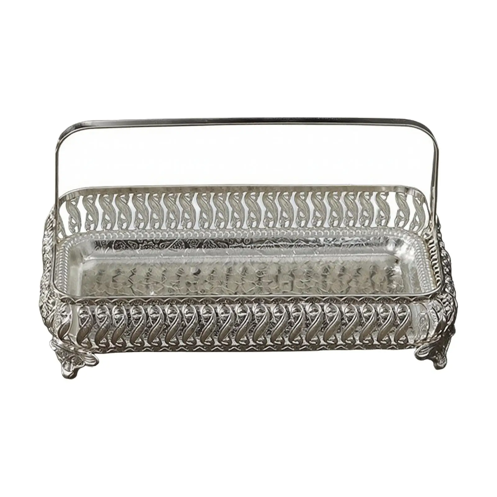 Patterned Metal Serving Tray for Dessert Table Decor with Short Feet and Ornate Border