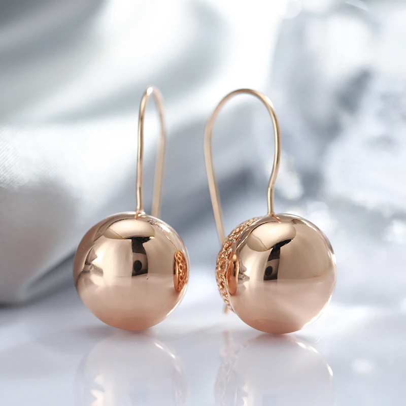 SYOUJYO 585 Rose Gold Color Big Glossy Ball Drop Earrings For Women Simple Trendy Bride Wedding Jewelry One Touch Dangle Earring