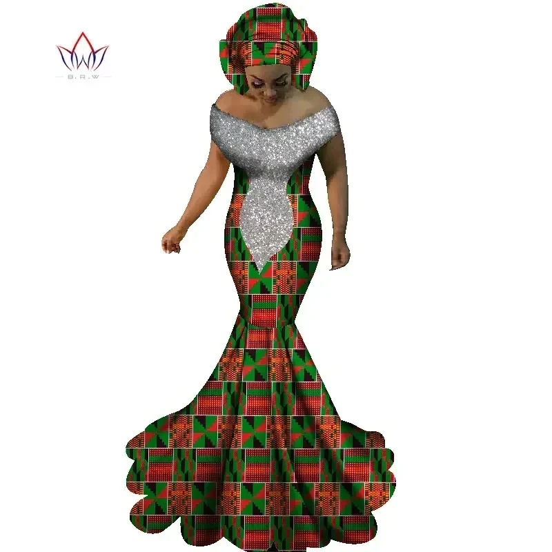 BRW African Dresses for Women Sexy Slash Neck Long Dresses Bazin Riche African Print Mermaid Clothing Plus Size 6XL WY1860