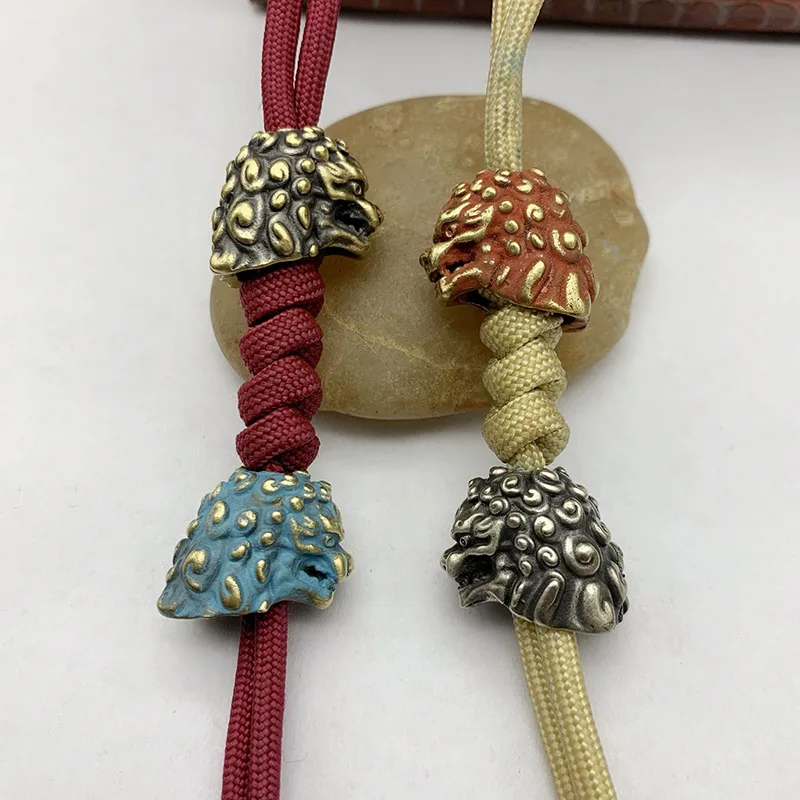 Chinese Ancient Palace Lion Head Knife Beads Brass Animal Figurines EDC DIY Paracord Woven Lanyard Pendants Jewelry Accessories