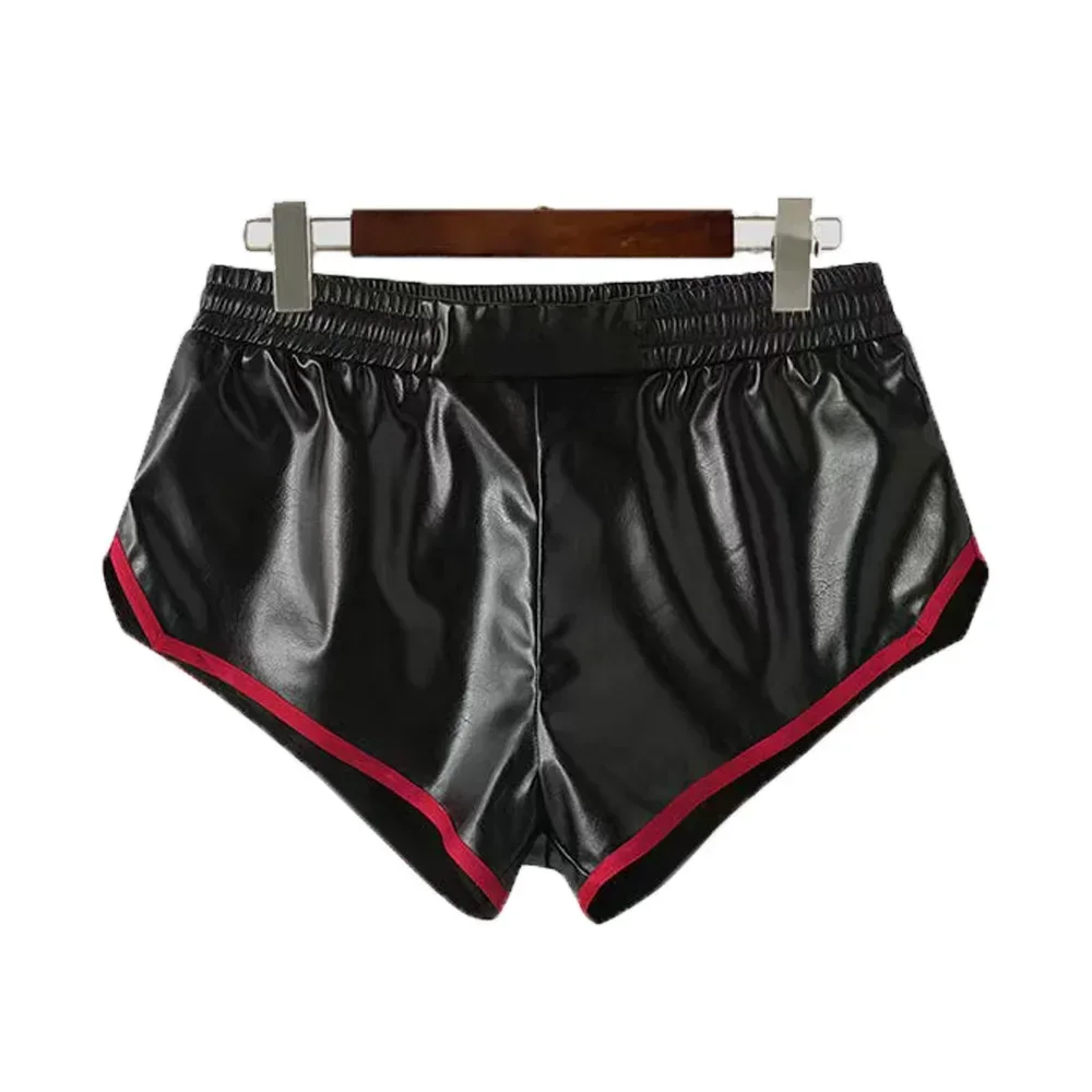 

Men Shiny PU Leather Shorts Chic Contrasting Colors Hot Pants Man Faux Leather Underwear Swimming Trunks Beach Support Custom
