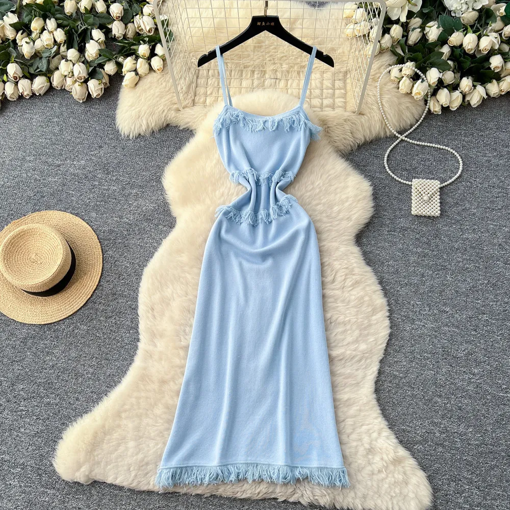 

Women Strapless Dresses A Line Solid Dress Fringe Ankle Lenth Sleeveless Waist Cinch Slim Fit Office Lady Elegant 2026 Summer