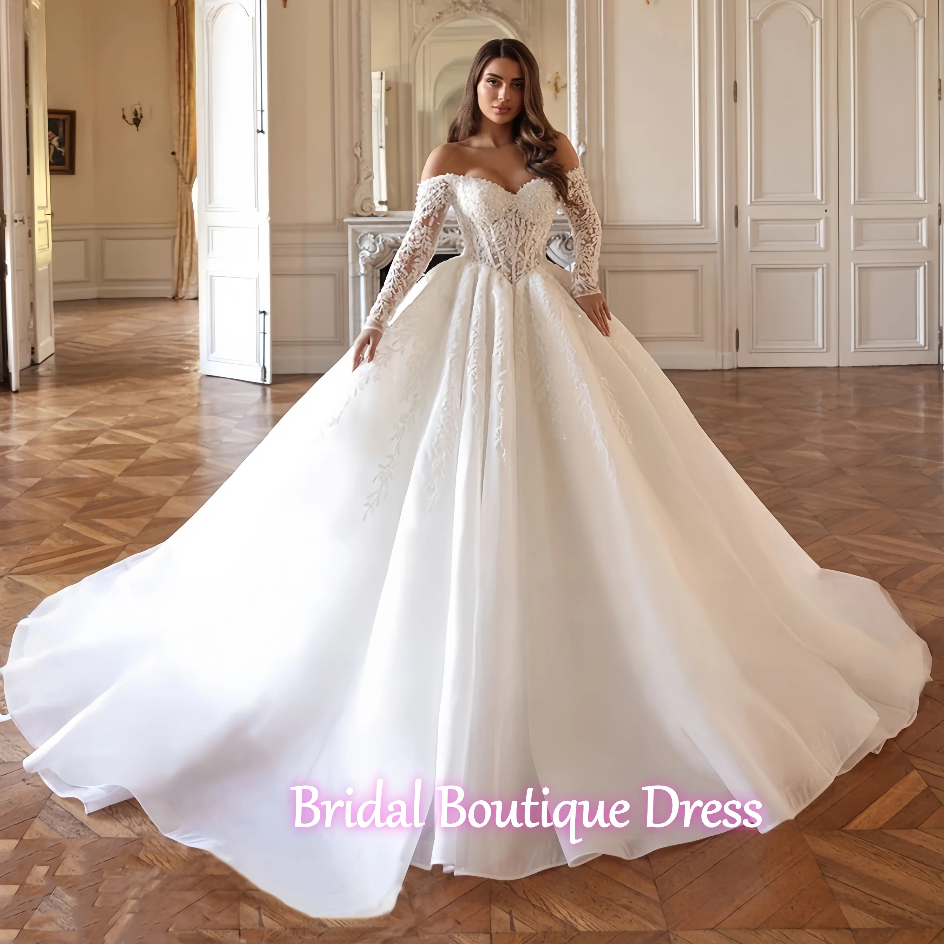 맞춤형 고급스러운 스위트하트 레이스업 볼 가운 웨딩 드레스 정교한 아플리케 자수 긴 소매 공주 신부 드레스