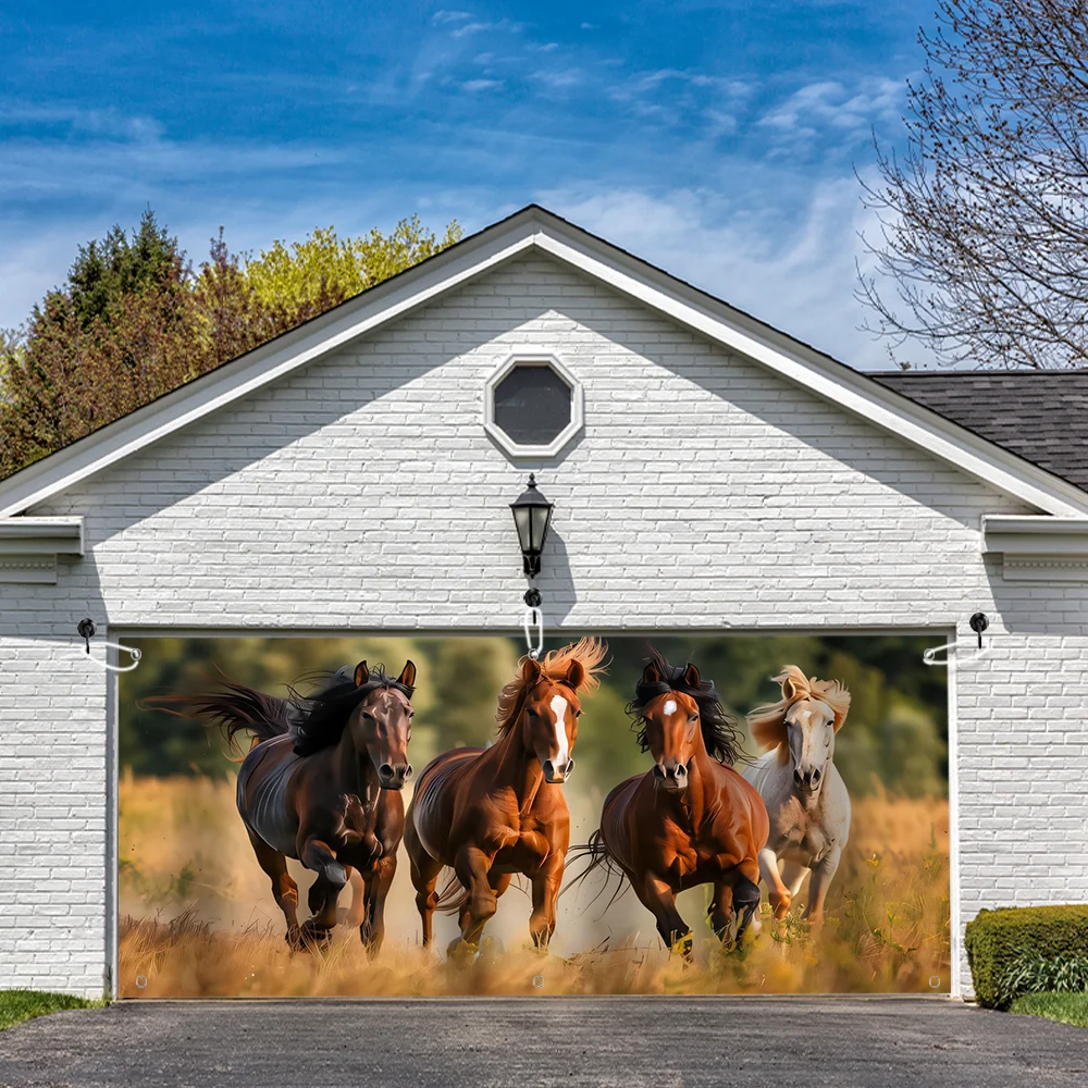 

Horse Garage Door Banner, Art Design Banner Garage Door Decor, 157x68 inches Polyester Fadeless Machine Washable Multipurp