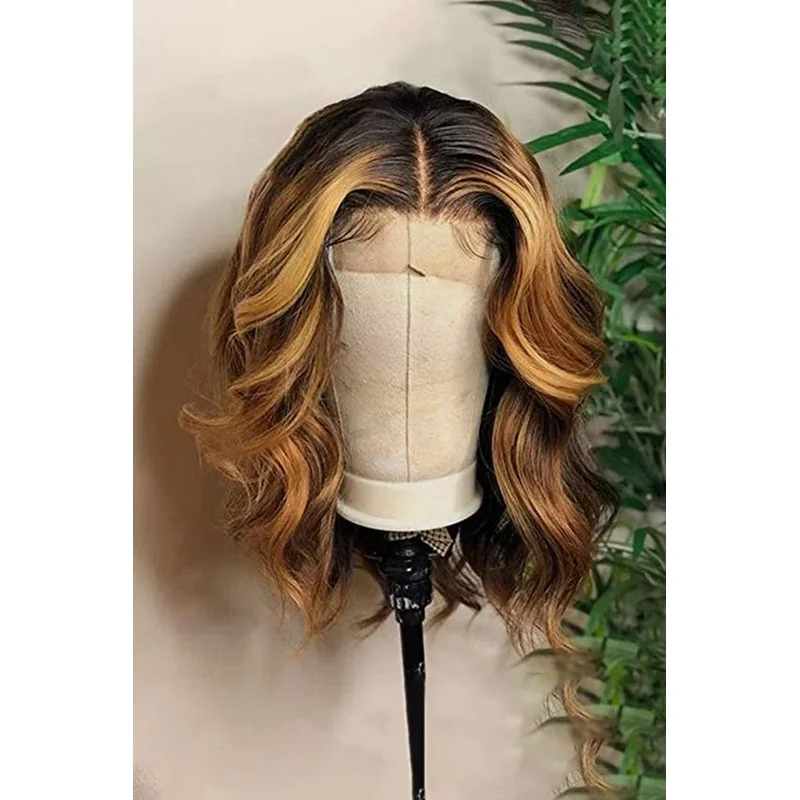 Brown Short Wavy Ombre Wigs Soft Wear 13X4 Lace Front Full Hair Wigs