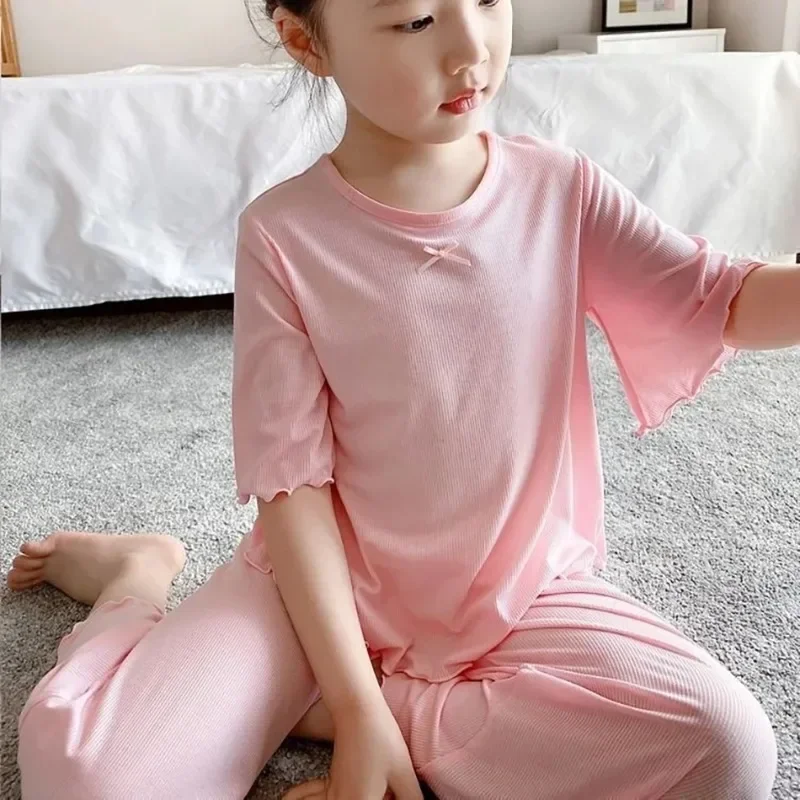Conjuntos de Verano para Niñas, Conjunto de Manga Corta de Seda de Hielo, 2 Piezas, Ropa para el Hogar, 2-10 Años, Pijamas de Color Puro para Niñas