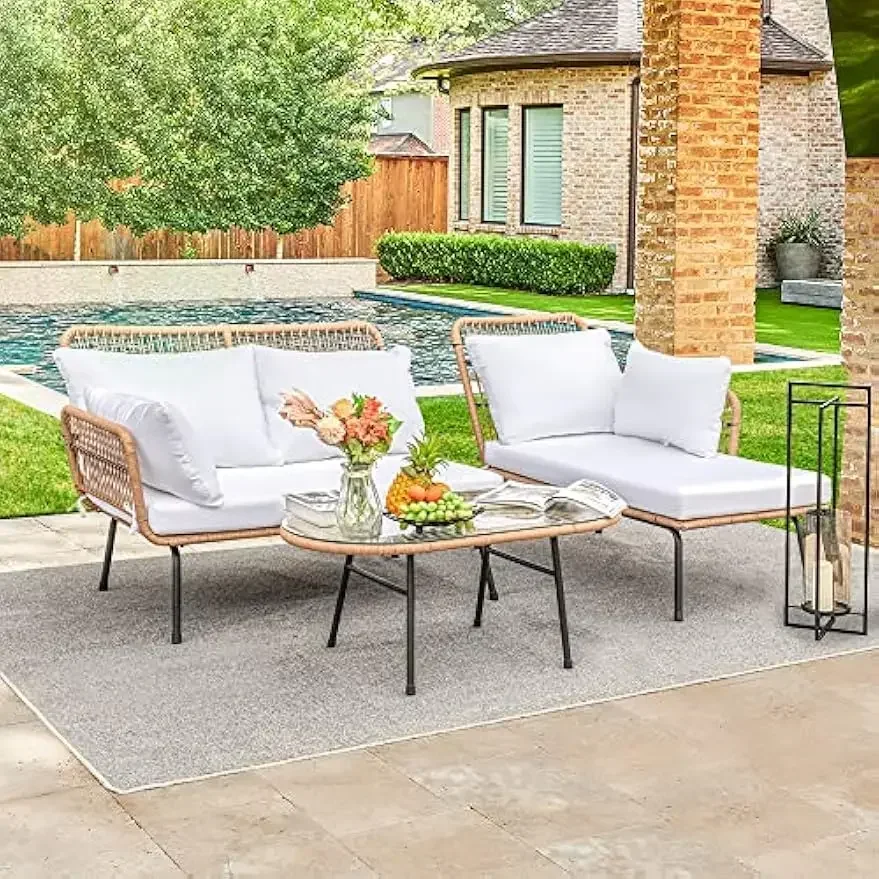 Outdoor Patio Furniture Set, Outdoor Sectional Conversation Rope Woven L-Shaped Sofa Set with Patio Table