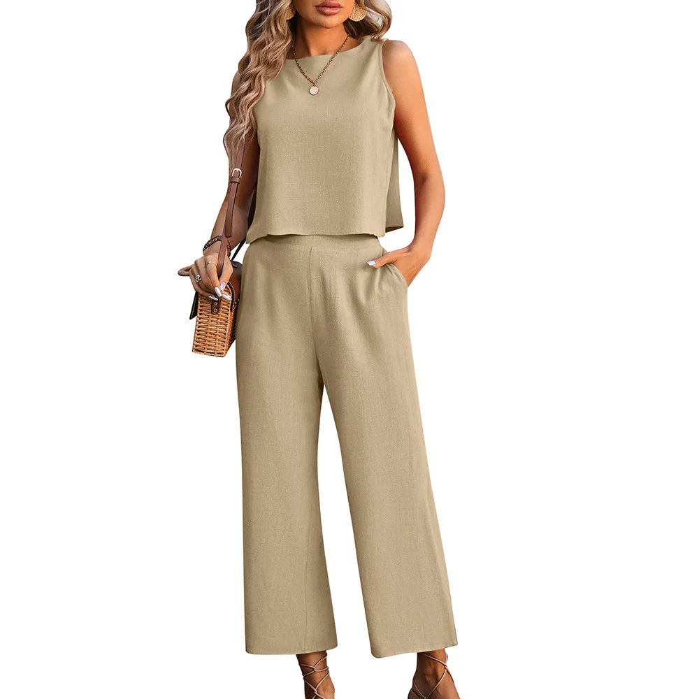 Terno feminino sem mangas, conjunto de calças de linho, roupa combinando, moda casual, verão, elegante, conjunto de 2 peças, 2022