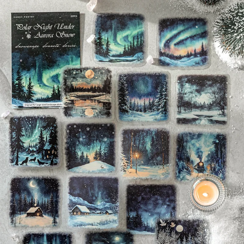 Mr.Paper,Cute Landscape Oversize Stickers 15 sheets/pack Winter Snowscapes Town PET Stickers Family Handbook Scrapbook Decoation