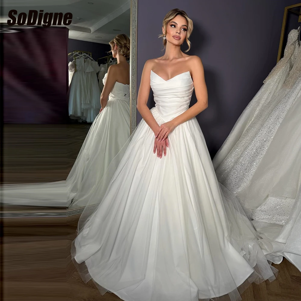 

﻿ SoDigne A-line Satin Wedding Dresses 2026 V-neck Sleeveless Bridal Dress Simple Long Bride Gown vestidos de novia Customized
