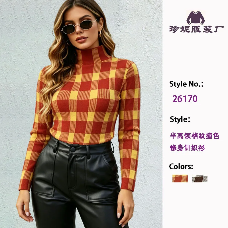 Pleated Plaid Printed Me Pleats Series Half High Neck Short Sleeve Long Sleeve T-shirt Women's Thin Pullover Top Women