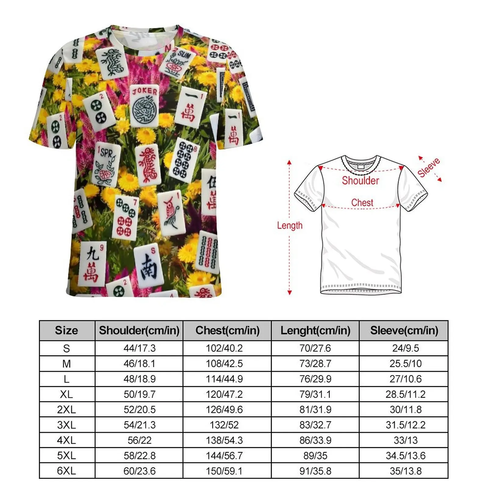 Floral Mahjong Tile Print T Shirt For Male Design O Neck T Shirts Summer Fashion Tops Short Sleeve Aesthetic Plus Size Tees Gift
