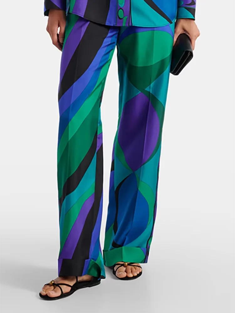 Spring Summer Fashion Casual Vintage Pattern Print Silk Pencil Trousers Women's Middle Waist Slim Pocket Straight Barrel Pants