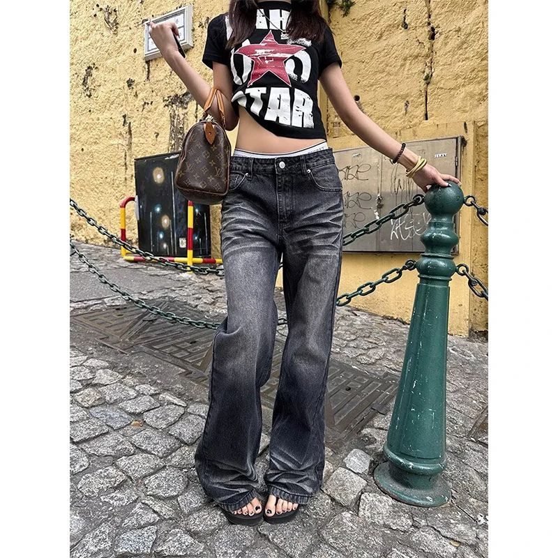 American Y2K Plus Size Washed Stacked Curved Jeans for Women Street Style Slim Fit Flattering Heavy Drape Denim Pants Fashion