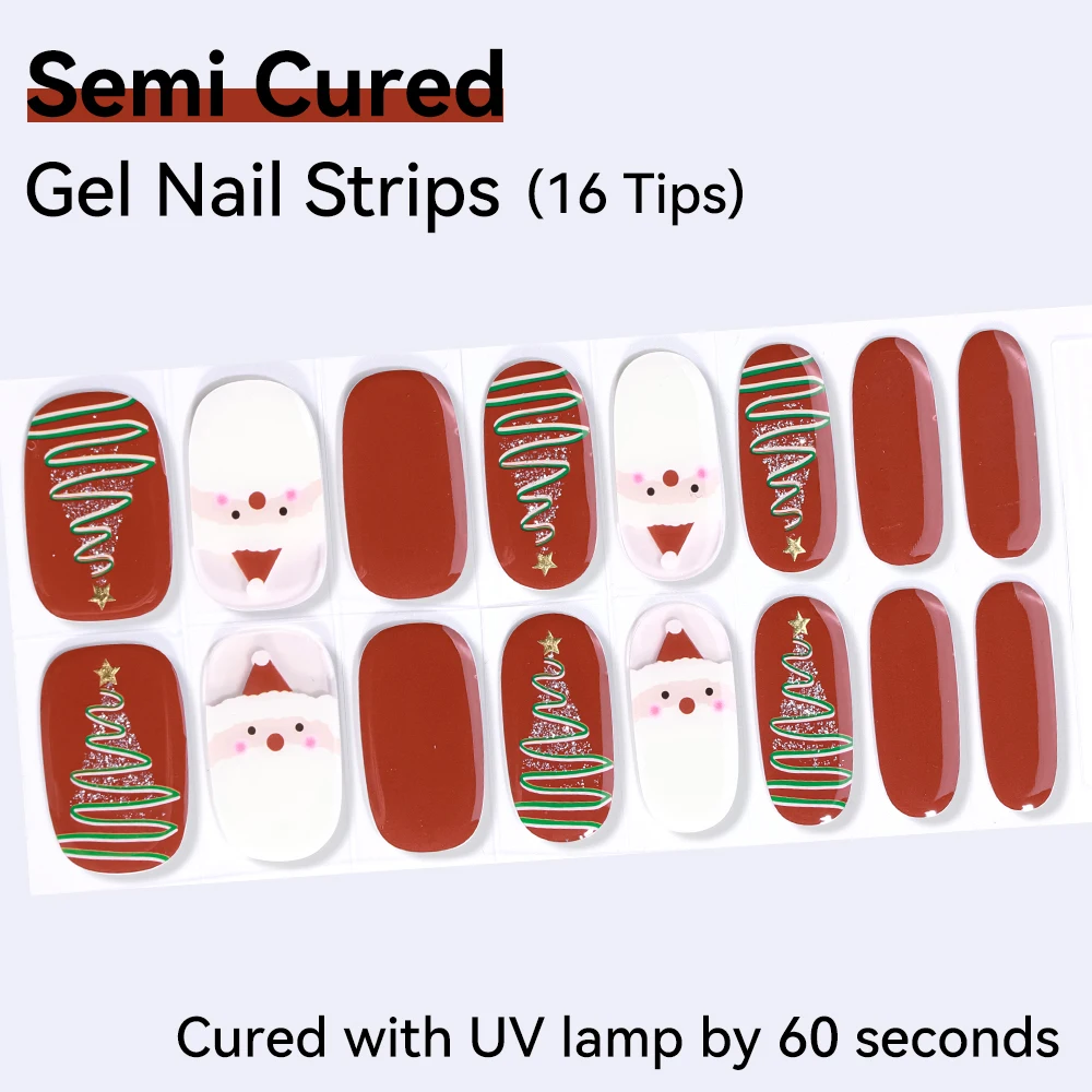 16Tips Christmas Semi Cured Gel Nail Strips Snowflake Snowman Grid Self-Adhesive Gel Nail Wraps Full Cover Nail Sticker LED Lamp