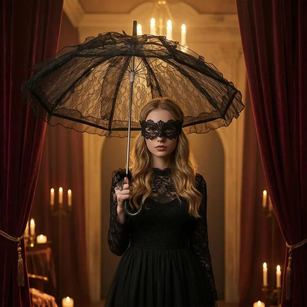 Vintage Gothic Lace Umbrella Black Bridal Lace Umbrella Sun Protection Parasol for Halloween Cosplay Stage Performance Props