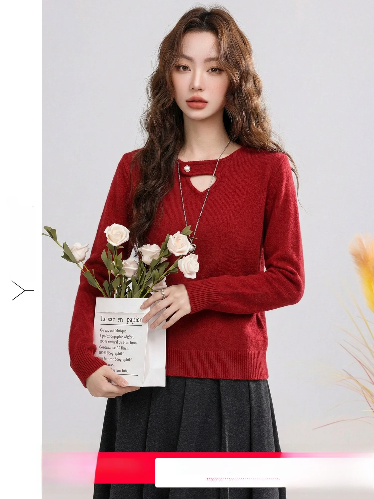 

Красный ажурный свитер для женщин, новинка весеннего сезона, модный ажурный топ из мягкого полиэстера с V-образным вырезом, длинными рукавами, стандартный крой.