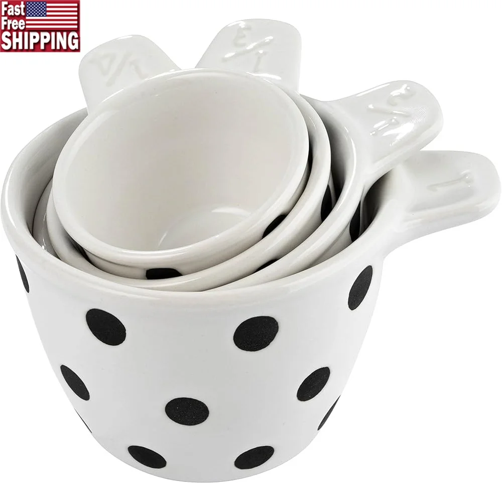 

Ceramic Measuring Cup Set of 4 Polka Dot Nesting Kitchen Tools Dishwasher Microwave Oven Safe Food Grade
