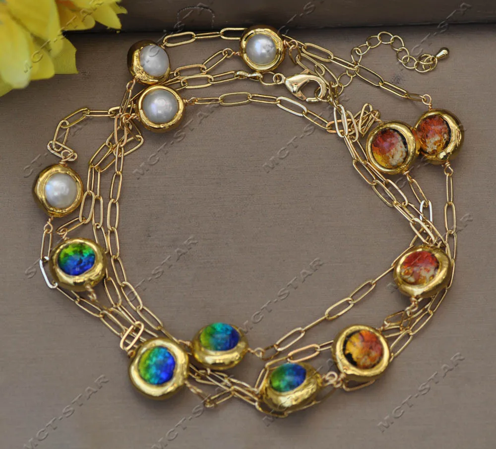 MTC·STAR  54'' 15mm Round Red Yellow Murano Glass White Pearl Chain Necklace （Z13110）