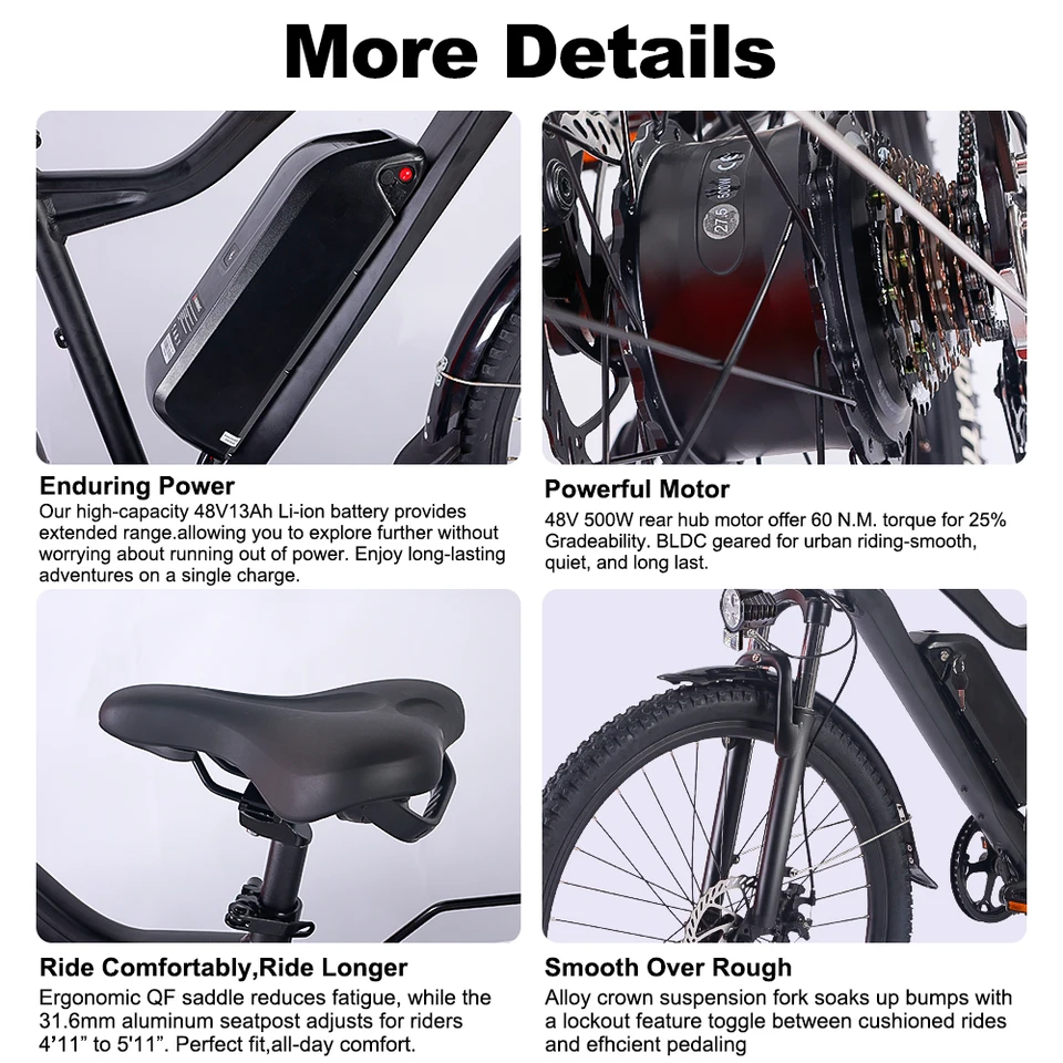 27.5 Inch E-MTB Electric Mountain Bike for Adults 48V 250W Fast Off Load 48V Lithium Battery for Men image 7