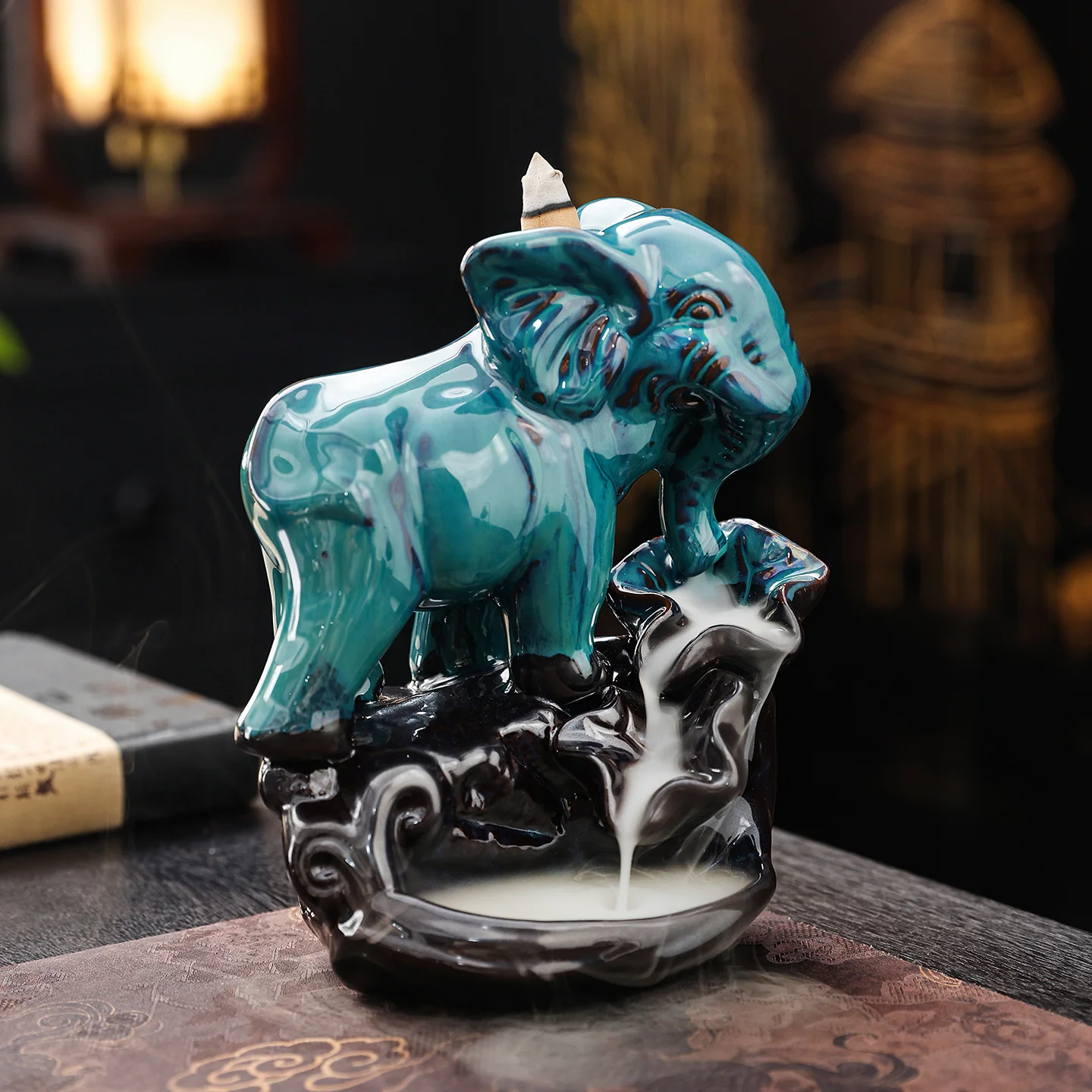 Reverse Flow Incense Burner Elephant Ceramic Waterfall Smoke Incense Holder for Cone Incense Home Decor Zen Ornament