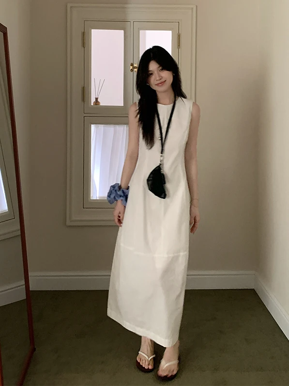 

Kumikumi Pure Color Waist-Cinching Vest Dress Women's Summer Anti-Aging Elegant Slimming Long A-Line Skirt Dress