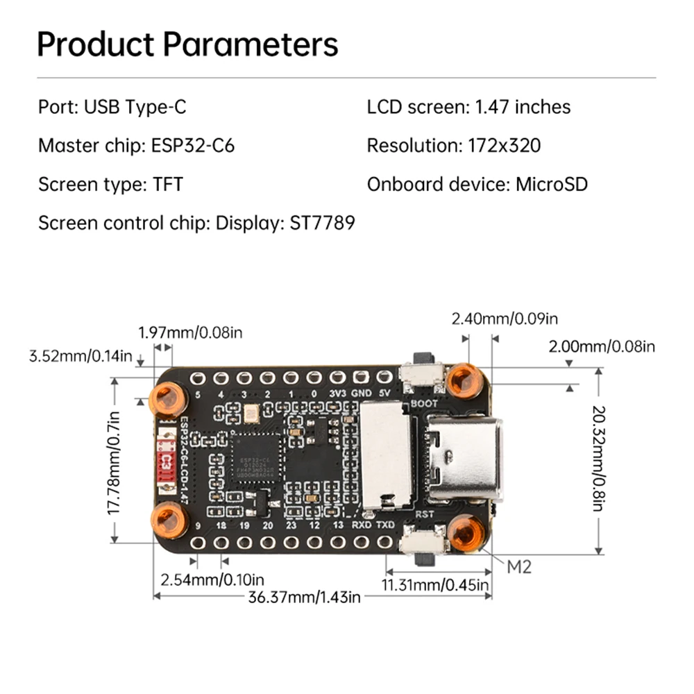 ESP32-C6 Multifunction Development Board Onboard 1.47-Inch Lcd Screen WiFi Bluetooth Demo Board for Smart Home